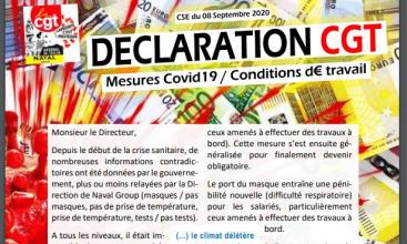 Syndicat Arsenal de Toulon - CSE du 08/09/2020 - Déclaration CGT Mesures Covid 19 et conditions de travail