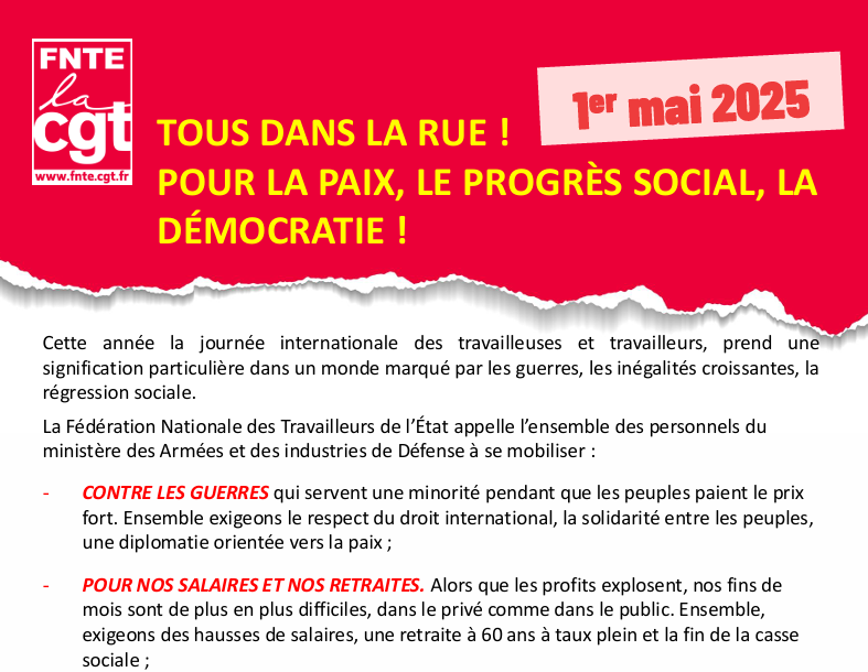Tract FNTE - 1ER MAI 2025 - TOUS DANS LA RUE ! POUR LA PAIX, LE PROGRÈS SOCIAL, LA DÉMOCRATIE !