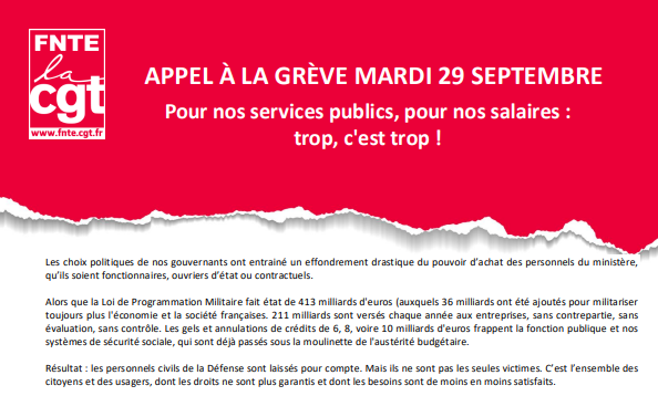 Tract FNTE : "APPEL À LA GRÈVE MARDI 29 SEPTEMBRE - Pour nos services publics, pour nos salaires : trop, c'est trop !"