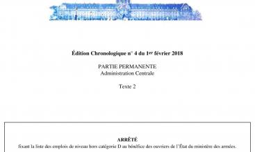 ARRÊTÉ fixant la liste des emplois de niveau hors catégorie D au bénéfice des ouvriers de l’État du ministère des armées. Du 20 décembre 2017