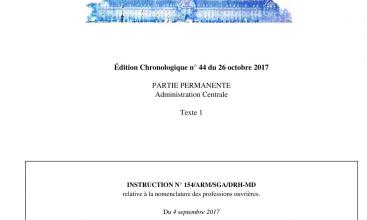 INSTRUCTION N° 154/ARM/SGA/DRH-MD relative à la nomenclature des professions ouvrières. Du 4 septembre 2017