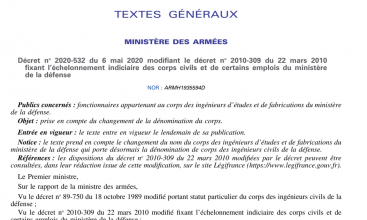 Décret no 2020-532 du 6 mai 2020 fixant l’échelonnement indiciaire des corps civils et de certains emplois du ministère de la défense 