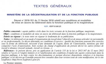 Décret no 2016-151 du 11 février 2016 relatif aux conditions et modalités de mise en œuvre du télétravail dans la fonction publique et la magistrature site fnte cgt