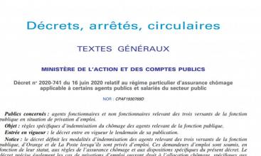 Décret no 2020-741 du 16 juin 2020 assurance chômage agents publics et salariés du secteur public 