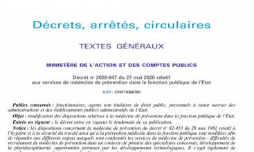 Décret no 2020-647 du 27 mai 2020 relatif aux services de médecine de prévention dans la fonction publique de l’Etat 