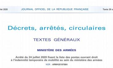 Arrêté du 24 juillet 2020 fixant la liste des postes ouvrant droit à l’indemnité temporaire de mobilité au sein du ministère des armées 