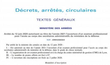 Arrêté du 12 06 2020 autorisant titre année 2021 ouverture examen professionnel accès au corps des Secrétaires Administratifs du Ministère de la Défense 