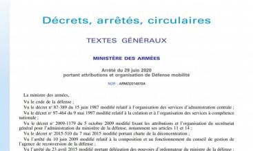 Arrêté du 29 juin 2020  portant attributions et organisation de Défense mobilité 