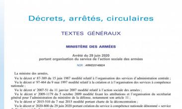 Arrêté du 29 juin 2020  portant organisation du service de l’action sociale des armées