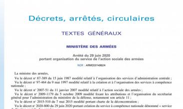 Arrêté du 29 juin 2020  portant organisation du service de l’action sociale des armées