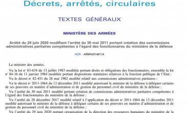 Arrêté du 29 05 2020 modifiant arrêté du 30 mai 2011 portant création CAP des fonctionnaires du Ministère de la Défense 