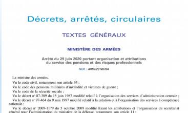 Arrêté du 29 juin 2020 portant organisation et attributions  du service des pensions et des risques professionnels 