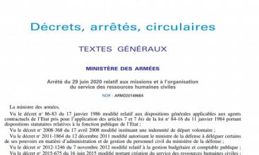 Arrêté du 29 juin 2020 relatif aux missions et à l’organisation du service des ressources humaines civiles 