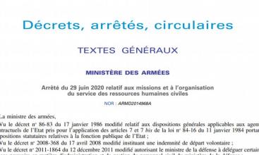 Arrêté du 29 juin 2020 relatif aux missions et à l’organisation du service des ressources humaines civiles 