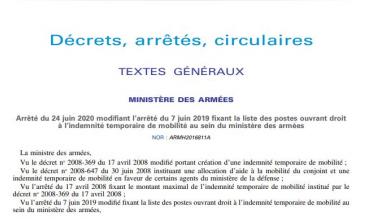Arrêté du 24 juin modifiant l'arrêté du 19 juin 2019 fixant la liste des postes ouvrant droit à l'ITM au MinArm