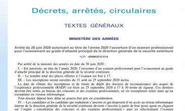 Arrêté du 26 juin ouverture examen pro pour grade attaché principal de la DGSE