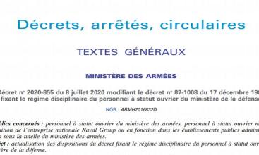 Décret 2020-855 modifiant le décret 87-1008 fixant le régime disciplinaire du personnel à statut ouvrier du MinArm.pdf 