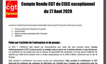 Compte rendu Eurenco CGT du Comité Social et Economique Central exceptionnel du 27 août 2020