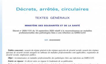 Décret no 2020-1131 du 14 septembre 2020 relatif à la reconnaissance en maladies professionnelles des pathologies liées à une infection au SARS-CoV2 