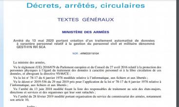 Arrêté du 13 mai 2020 portant création d’un traitement automatisé de données à caractère personnel relatif à la gestion du personnel civil et militaire dénommé GESTI@N RH SCA 