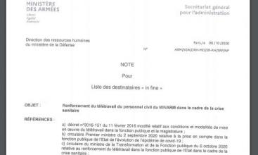 Note du 08/10/2020 sur le renforcement du télétravail au MINARM dans le cadre de la crise sanitaire