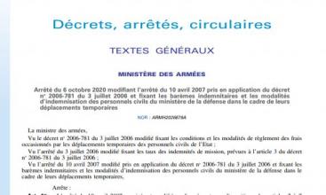 Arrêté du 6 octobre 2020 fixant les barèmes et modalités d'indemnisation des frais de déplacements temporaires