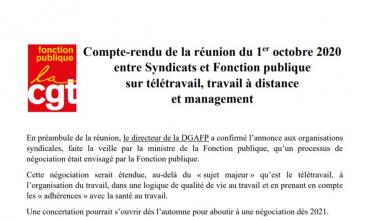 Compte-rendu de la réunion du 1er octobre 2020 entre Syndicats et Fonction publique sur télétravail, travail à distance et management