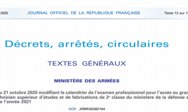 Arrêté du 21/10/2020 modifiant le calendrier d'examen professionnel TSEF 2C du ministère de la défense au titre de l’année 2021