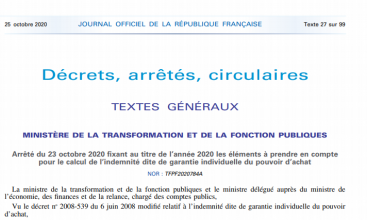 Arrêté du 23 octobre 2020 fixant au titre de l’année 2020 les éléments à prendre en compte pour le calcul de l’indemnité dite de garantie individuelle du pouvoir d’achat 