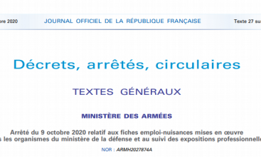 Arrêté du 9 octobre 2020 relatif aux fiches emploi-nuisances mises en œuvre dans les organismes du ministère de la défense et au suivi des expositions professionnelles 