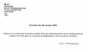 Circulaire du 29 octobre  relative a la continuité du service publique dans le contexte du Covid