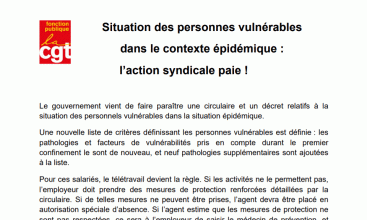 Communiqué Fonction Publique CGT du 12/11/2020 - Situation des personnes vulnérables dans le contexte épidémique : l’action syndicale paie !