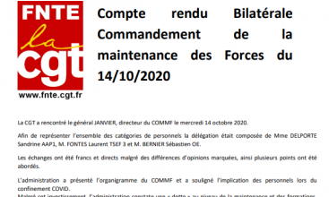Compte rendu Bilatérale Commandement de la maintenance des Forces du 14/10/2020 