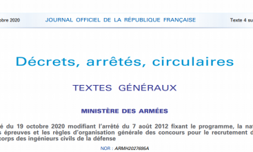 Arrêté du 19 octobre 2020 modifiant l’arrêté du 7 août 2012 fixant le programme, la nature des épreuves et les règles d’organisation générale des concours pour le recrutement dans le corps des ingénieurs civils de la défense