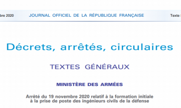 Arrêté du 19 novembre 2020 relatif à la formation initiale à la prise de poste des ingénieurs civils de la défense 