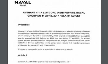 Naval Group - Avenant n°1 du 09/01/2018  à l'Accord d'entreprise du 11/04/2017