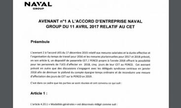 Naval Group - Avenant n°1 du 09/01/2018  à l'Accord d'entreprise du 11/04/2017