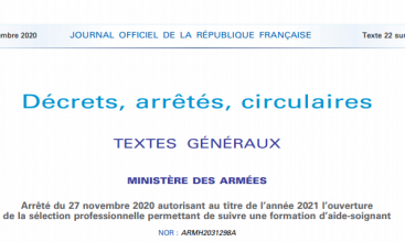 Arrêté du 27 novembre 2020 autorisant au titre de l’année 2021 l’ouverture de la sélection professionnelle permettant de suivre une formation d’aide-soignant