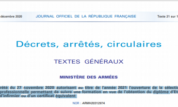 Arrêté du 27 novembre 2020 autorisant au titre de l’année 2021 l’ouverture de la sélection professionnelle permettant de suivre une formation en vue de l’obtention du diplôme d’Etat d’infirmier ou d’un certificat équivalent