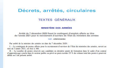 Arrêté du 7 décembre 2020 fixant le contingent d’emplois offerts au titre de l’année 2021 