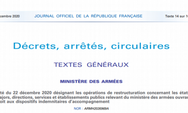 Arrêté du 22 décembre 2020 désignant les opérations de restructuration concernant les étatsmajors, directions, services et établissements publics relevant du ministère des armées ouvrant droit aux dispositifs indemnitaires d’accompagnement 