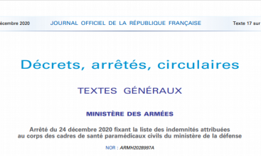 Arrêté du 24 décembre 2020 fixant la liste des indemnités attribuées au corps des cadres de santé paramédicaux civils du ministère de la défense 