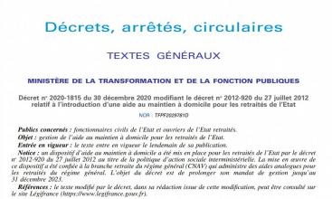 Décret no 2020-1815 du 30 décembre 2020 modifiant le décret no 2012-920 du 27 juillet 2012 relatif à l’introduction d’une aide au maintien à domicile pour les retraités de l’Etat 