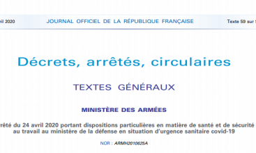 Arrêté du 24 avril 2020 portant dispositions particulières en matière de santé et de sécurité au travail au ministère de la défense en situation d’urgence sanitaire covid-19 