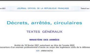 Arrêté du 18 février 2021 autorisant au titre de l’année 2022 l’ouverture d’un examen professionnel d’accès au corps des ingénieurs civils de la défense