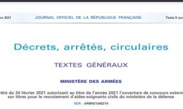 Arrêté du 24 février 2021 autorisant au titre de l’année 2021 l’ouverture de concours externes sur titres pour le recrutement d’aides-soignants civils du ministère de la défense 