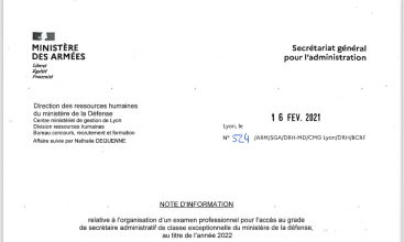 Note d’information relative à l’organisation d’un examen professionnel pour l’accès au grade de secrétaire administratif de classe exceptionnelle, du ministère de la défense au titre de l’année 2022.