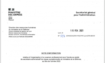 Note d’information relative à l’organisation d’un examen professionnel pour l’accès au grade de secrétaire administratif de classe exceptionnelle, du ministère de la défense au titre de l’année 2022.   