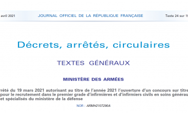 Arrêté du 19 mars 2021 autorisant au titre de l’année 2021 l’ouverture d’un concours sur titres pour le recrutement dans le premier grade d’infirmières et d’infirmiers civils en soins généraux et spécialisés du ministère de la défense NOR :