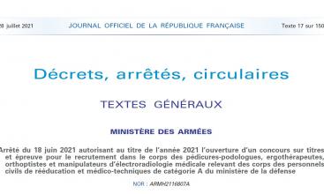 Arrêté du 18 juin 2021 autorisant au titre de l’année 2021 l’ouverture d’un concours sur titres et épreuve pour le recrutement dans le corps des pédicures-podologues, ergothérapeutes, orthoptistes et manipulateurs d’électroradiologie médicale relevant des corps des personnels civils de rééducation et médico-techniques de catégorie A du ministère de la défense.